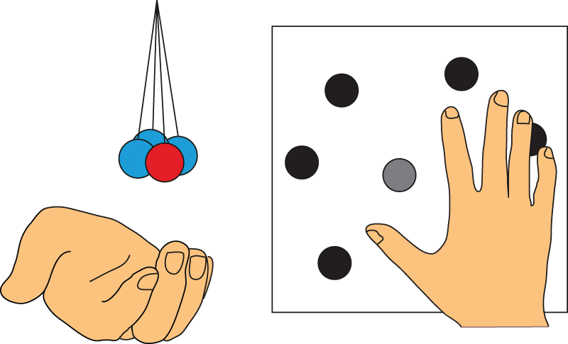 Drawings of a hand grasping a number of suspended targets, and of a hand moving across stationary targets.